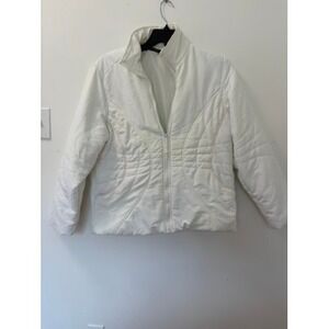 Dunnes Stores St Bernard White Quilted Zip Up Jacket Mock Neck Pink Trim Size 18